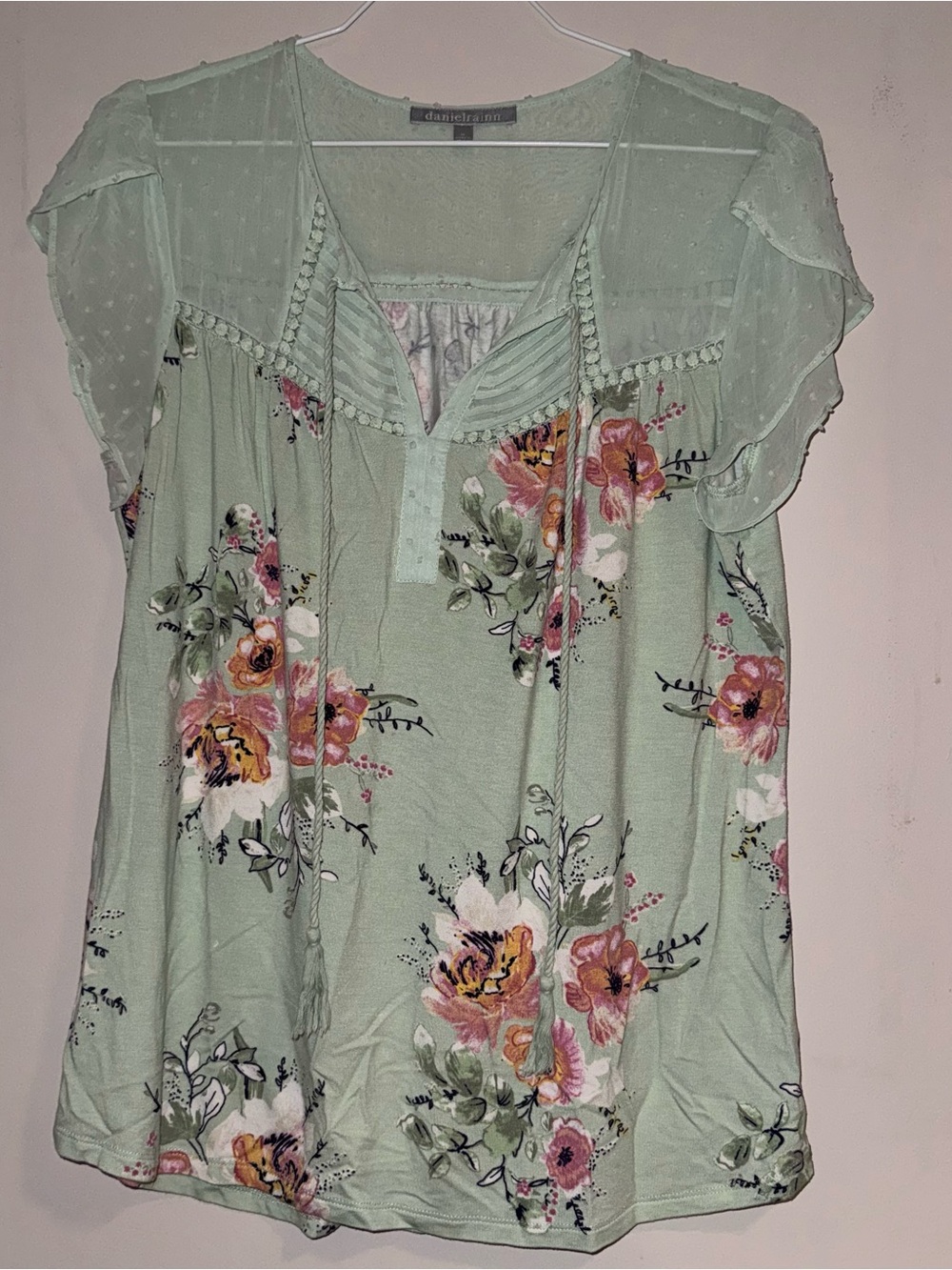 Daniel Rainn Mint Floral Short Sleeve Tie-Front Blouse